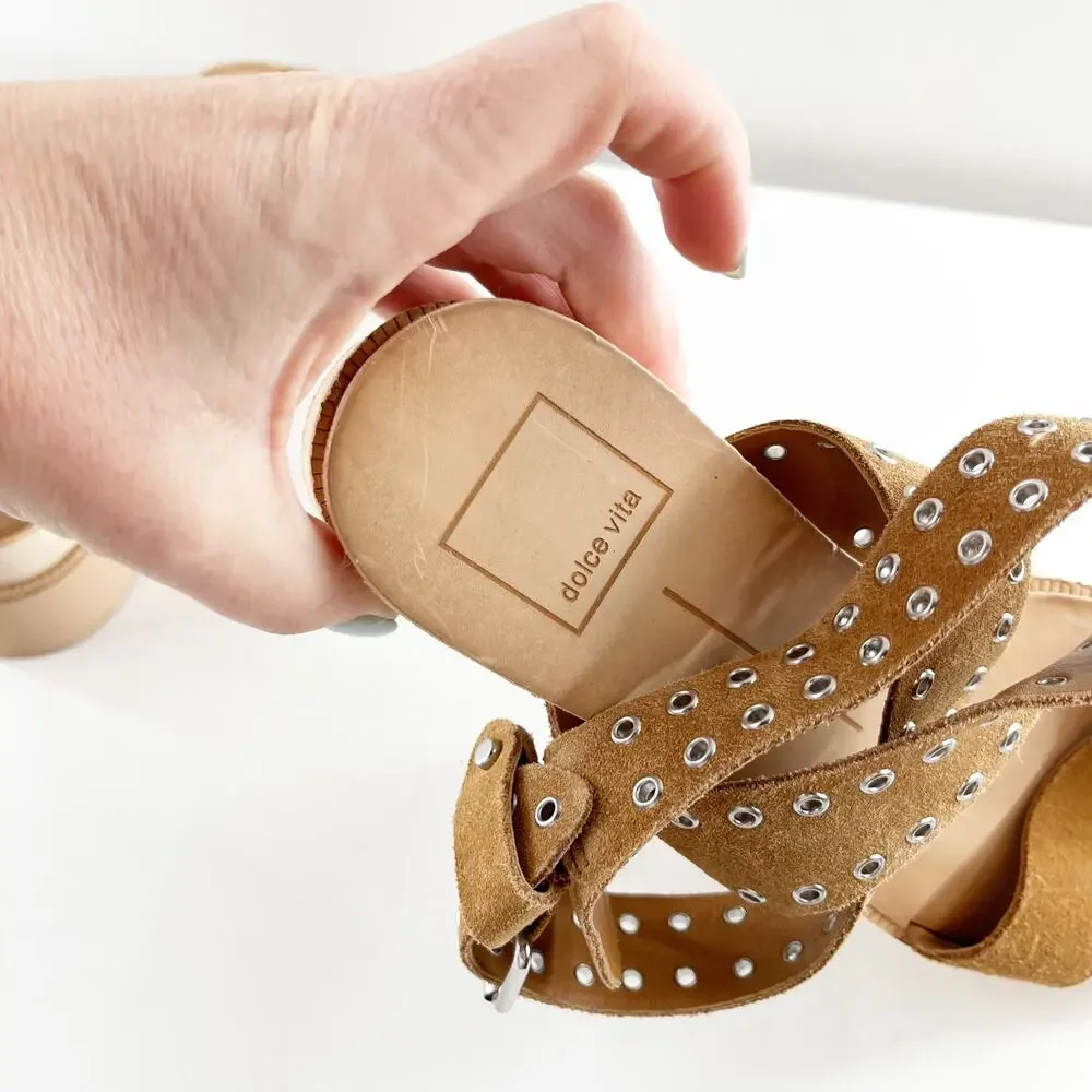Dolce Vita Panko Stud Suede Sandals Shoes Caramel Brown 7